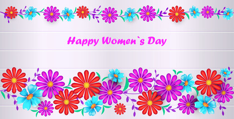 womens day 8 march holiday celebration concept lettering greeting card poster or flyer with flowers horizontal vector illustration