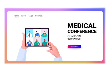 doctor discussing with mix race colleagues during video call on tablet screen medical conference online communication concept horizontal portrait vector illustration