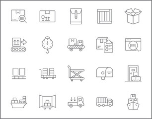 Set of logistics and delivery line style. It contains such Icons as box, shopping, commerce, retail, trade, merchandise, container, vehicle, truck and other elements. customize color, easy resize.