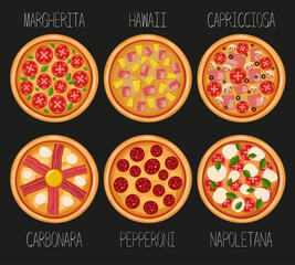 A set of six pizzas. Vector illustration of italian food pizza
