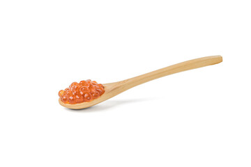 Spoon made of light wood with large red caviar isolated on a white background.