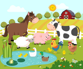 Vector illustration cartoon of happy farm animals. - 410544907