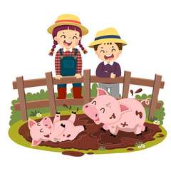 Vector illustration cartoon of happy kids looking at pig and piglet playing in mud puddle