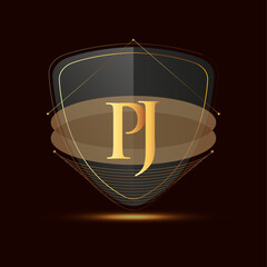 Initial logo letter PJ with shield Icon golden color isolated on dark background, logotype design for company identity.