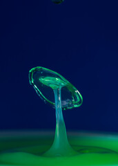 Water drop collisions in green on a blue background