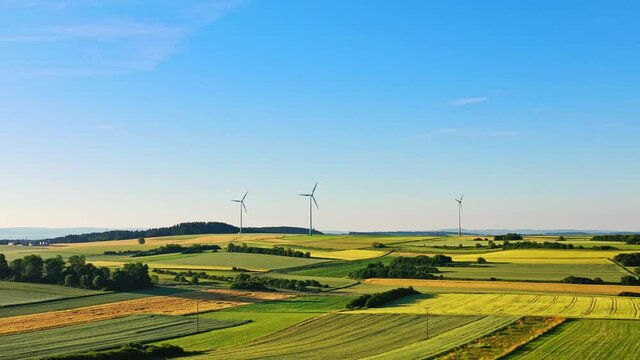 Panoramic shot of fields in Germany, windmills under the beautiful sky, wind turbines producing clean renewable energy to promote sustainable development