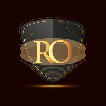 Initial logo letter RO with shield Icon golden color isolated on dark background, logotype design for company identity.