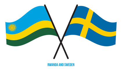 Rwanda and Sweden Flags Crossed And Waving Flat Style. Official Proportion. Correct Colors.