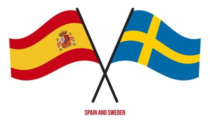 Spain and Sweden Flags Crossed And Waving Flat Style. Official Proportion. Correct Colors.