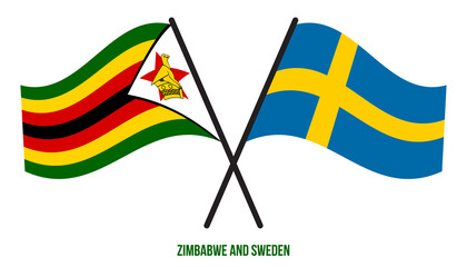 Zimbabwe and Sweden Flags Crossed And Waving Flat Style. Official Proportion. Correct Colors.