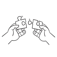 hand drawing of hands solving jigsaw puzzle illustration in doodle style vector