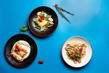 Directly above view of assortment of italian meals on bright background: pasta, ravioli and lasagna