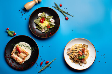 Directly above view of assortment of italian meals on bright background: pasta, ravioli and lasagna