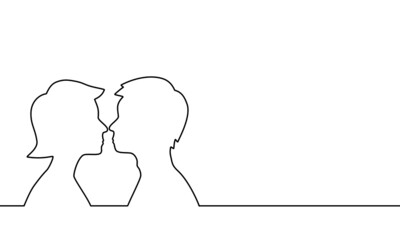 One line drawing style of two people, one is a man, one is a woman. They’re closed together. Concept about love, romantic, relationship, couples or marriage. 