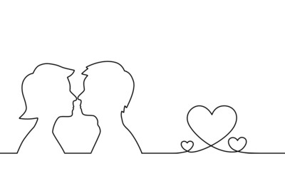 One line drawing style of two people, one is a man, one is a woman. They’re closed together. Concept about love, romantic, relationship, couples or marriage. 