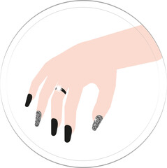 Black manicure with a shiny design.