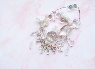 set of clear quartz minerals. Magic gemstones for Crystal Ritual. Witchcraft, Relaxing Chakra, Healing stones. spiritual practice, Esoteric and life balance concept. flat lay