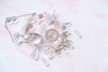 set of clear quartz minerals. Magic gemstones for Crystal Ritual. Witchcraft, Relax, Healing...