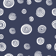 Vector seamless pattern with white spirals on dark blue background. Abstract background