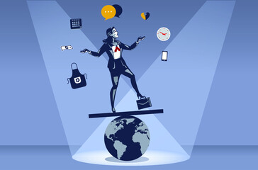 Business Woman Acrobatically Stands on Unstable World Globe Juggling with Many Items Blue Collar Illustration Concept
