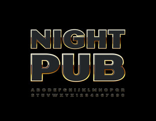 Vector premium logo Night Pub. Glossy elite Font. Gold and Black Alphabet Letters and Numbers set