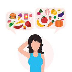 woman thinking about healthy food or fast food, colorful design
