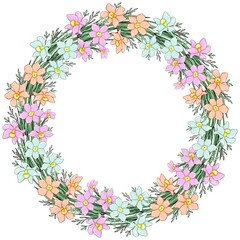 A wreath of wildflowers. Line art. Decorative isolated element for design.