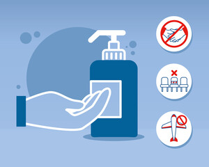 hand with soap bottle and coronavirus prevention icons around, colorful design