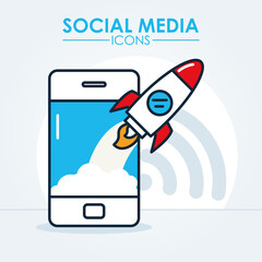 social media icons concept, cellphone and rocket, line and fill style
