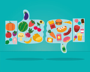 healthy and unhealthy food design with hand with thumbs up and down, colorful design