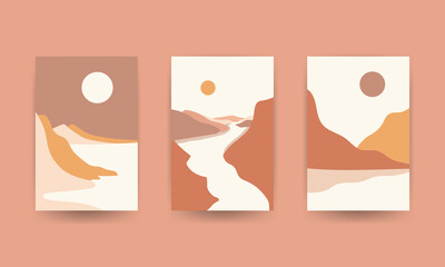 Three piece wall art minimalist, abstract landscape backgrounds for your social media or for your print . illustration of mountains, moon and beaches.