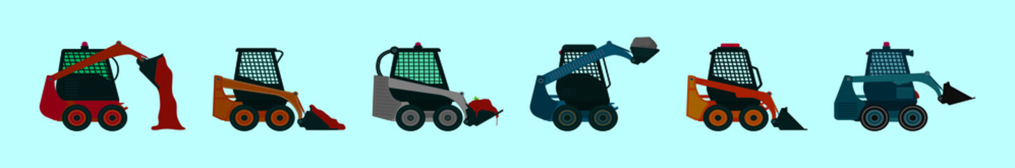 set of skid steer cartoon icon design template with various models. vector illustration isolated on blue background