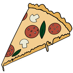 Slice of italian pizza with salami, cheese, mashrooms and basil. Fast food