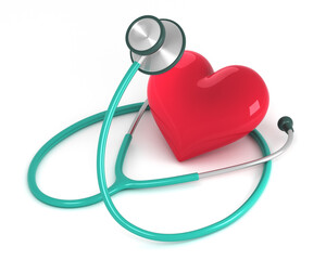 The cardiology conceptual illustration. 3D render of red heart and stethoscope. An examining the heart pulse. The first-aid, ambulance, emergency, coronary disease concept isolated on white background