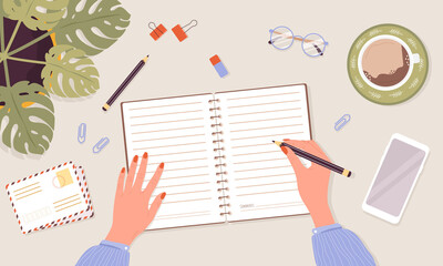 Open diary, planner or notebook concept. Woman write journal. Top view workplace with lists, reminders, schedules or agendas. Planning and organization. Vector illustration in flat cartoon style.