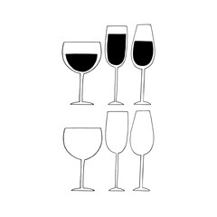 glasses with wine and empty set icon, sticker. sketch hand drawn doodle style. minimalism, monochrome. drinks, bar.