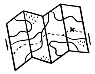 Hand drawn map for traveling in doodle style. Folded paper map with a route. Map for camping, hiking, local tourism. Route on map vector line icon, outline sign, linear pictogram isolated on white.
