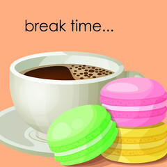 poster for cafe, restaurant theme Break Time coffee with macaron
