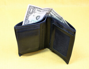 Black leather wallet with a one dollar bill