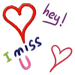 handwritten with gel brush I miss you and hey message around red heart shapes