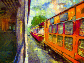 Fototapeta na wymiar Diesel train Illustrations creates an impressionist style of painting.
