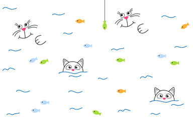 Obraz premium Cute cat swims in the river and catches fish. Seamless pattern with face cats. Use for background or printing on fabric. Vector cartoon Illustration.