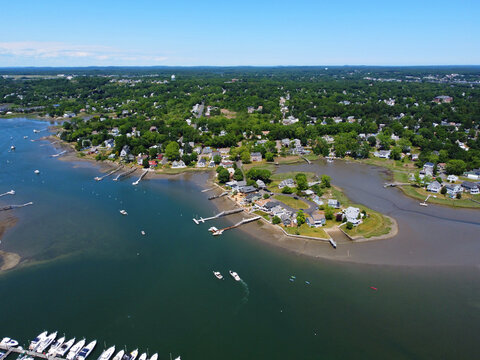 Aerial view of Danvers Fosters Point at the bank of Crane River in city of Danvers, Massachusetts MA, USA. 
