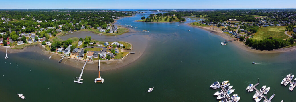 Aerial view panorama of Danvers Fosters Point at the bank of Crane River in city of Danvers, Massachusetts MA, USA. 