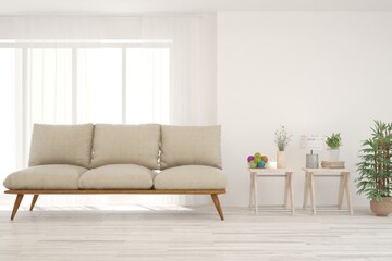 White living room with sofa. Scandinavian interior design. 3D illustration