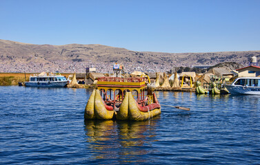 Traditional reed boat of the Uros islands, Lake Titicaca, Puno, Peru