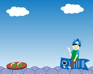 子どもの日の背景素材（鯉のぼりに乗った男の子と柏餅）