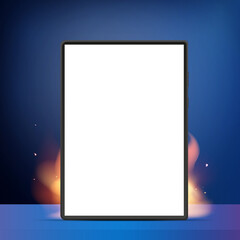 Tablet with white screen on fire and smoke. Hot sale, stock or promo concept. Ready advertising banner or poster. Realistic style. Vector