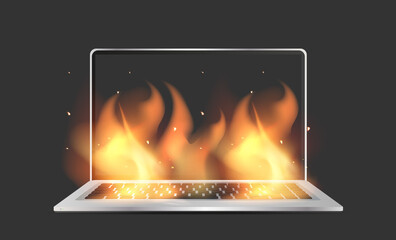 The laptop is on fire. Element for the design of advertising posters and banners on the theme of mobile equipment repair. Vector. Realistic style.