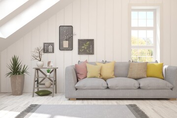 Fototapeta premium White living room with sofa. Scandinavian interior design. 3D illustration